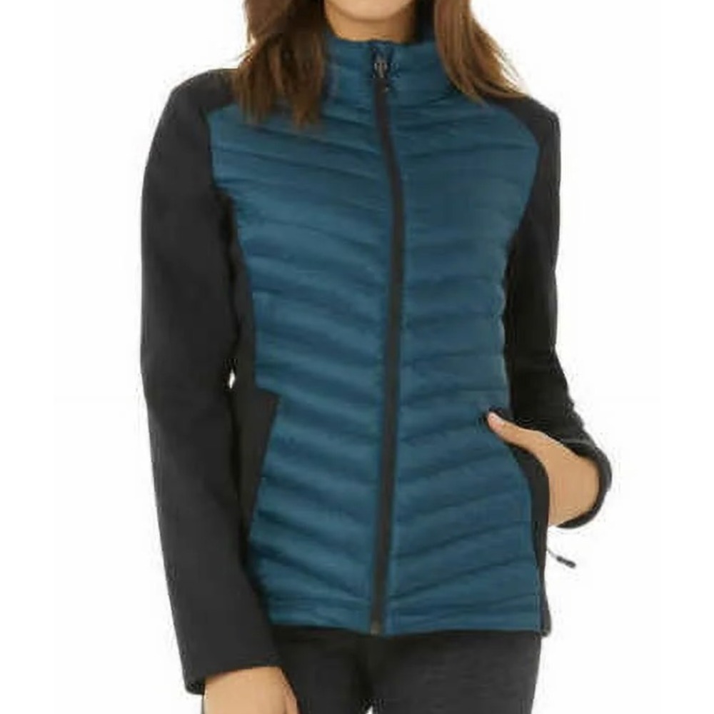 32 DEGREES HEAT Puffer Jacket TEAL BLUE QUILTED w/BLACK KNIT Full Zip Pockets M